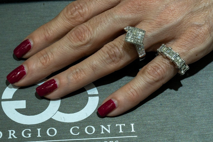 18KT White Gold 1.15CTW Princess and Baguette Cut Natural Diamond Cocktail Ring - Giorgio Conti Jewelers
