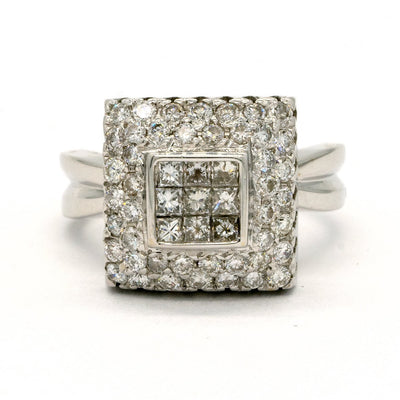18KT White Gold 1.37CTW Princess and Round Brilliant Cut Natural Diamond Cocktail Ring - Giorgio Conti Jewelers