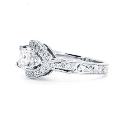 18kt White Gold 1.40ctw Princess Cut Trillion and Round Diamond Engagement Wedding Ring With Vintage Inspired Miligrain - Giorgio Conti Jewelers