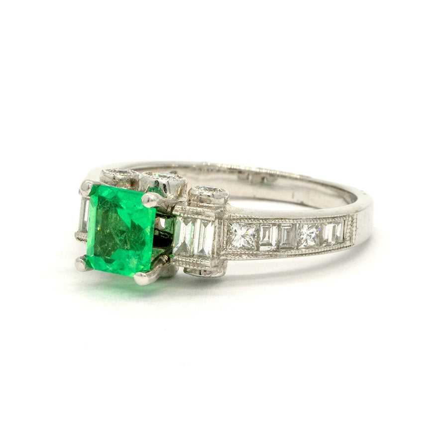 18KT White Gold 1.45CTW Emerald Cut Center Natural Colombian Emerald and Diamond Ring - Giorgio Conti Jewelers