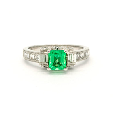 18KT White Gold 1.45CTW Emerald Cut Center Natural Colombian Emerald and Diamond Ring - Giorgio Conti Jewelers