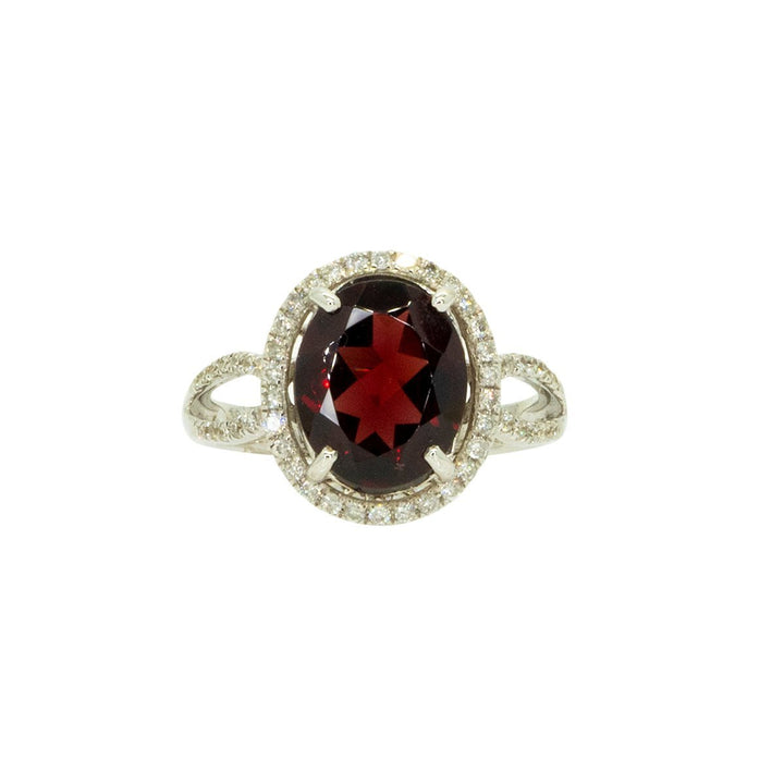 18KT White Gold 4.05ctw Round Cut Diamond and Oval Cut Red Garnet Halo Gemstone Ring - Giorgio Conti Jewelers