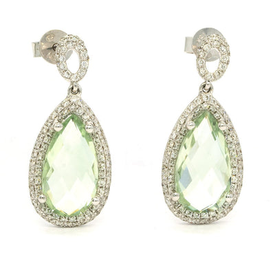 18KT White Gold 5.24CTW Pear Shape Prong Set Green Amethyst and Diamond Earrings - Giorgio Conti Jewelers