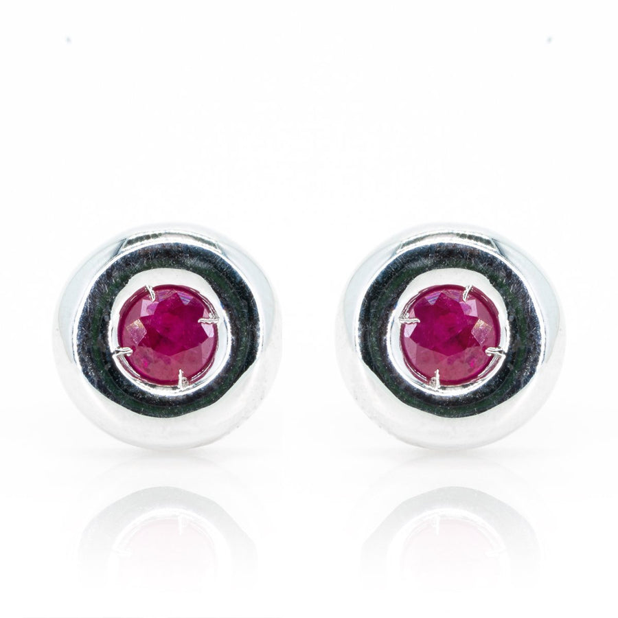 18Kt White Gold .70ctw NATURAL Round Cut Bezel Ruby Gemstone Stud Earrings Fine Rubies - Giorgio Conti Jewelers