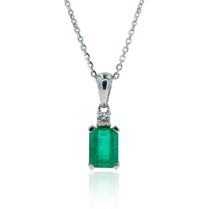 18kt White Gold .71ctw NATURAL Emerald Cut Emerald With Round Diamond Accent Solitaire Gemstone Pendant - Giorgio Conti Jewelers