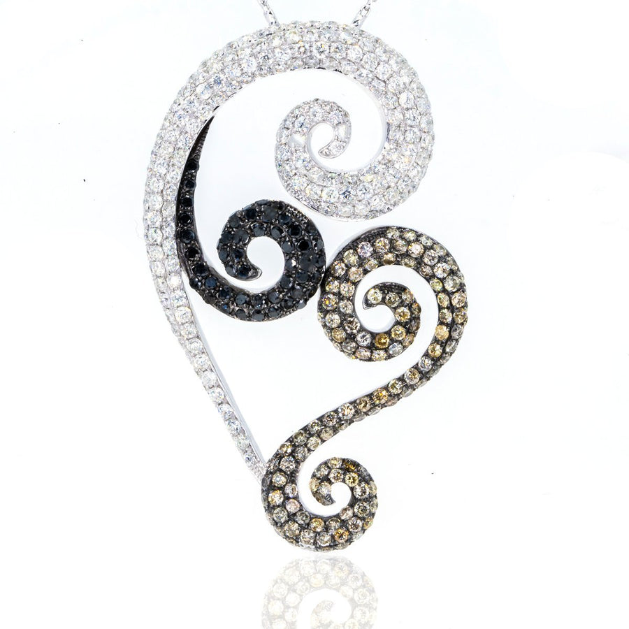 18KT White Gold 7.39ctw Round Cut Prong Set Black and White Diamond Swirl Pendant - Giorgio Conti Jewelers
