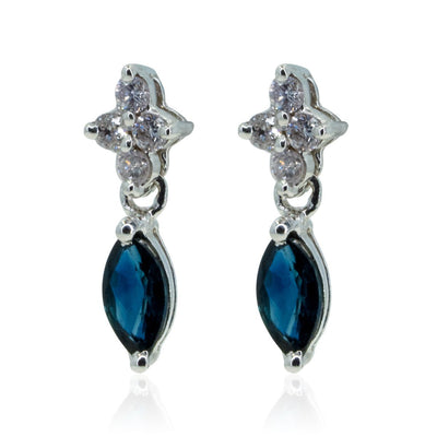 18kt White Gold Dainty .76ctw Marquise Sapphire and Round Diamond Stud Drop Earrings - Giorgio Conti Jewelers