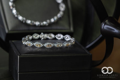 18kt White Gold Natural 7.50ctw Marquise and Round Diamond Tennis Bracelet with Halo Diamonds Champagne Diamonds - Giorgio Conti Jewelers