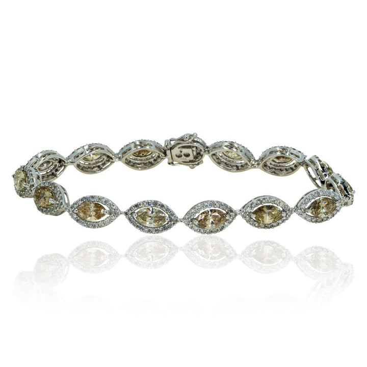 18kt White Gold Natural 7.50ctw Marquise and Round Diamond Tennis Bracelet with Halo Diamonds Champagne Diamonds - Giorgio Conti Jewelers