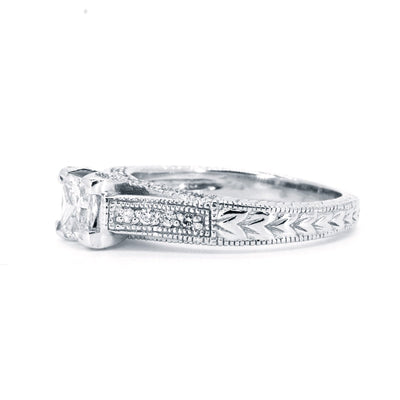 18kt White Gold Vintage Inspired NATURAL 1.05ctw Diamond Engagement Wedding Ring w/ Miligrain and Hand Engraving Throughout - Giorgio Conti Jewelers