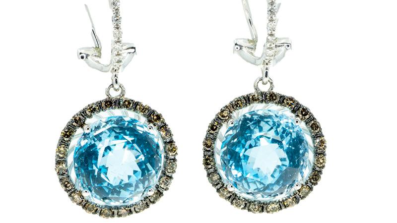 White Gold 12.43CTW Blue Topaz Diamond Drop Earrings White/ Cognac Diamonds - Giorgio Conti Jewelers