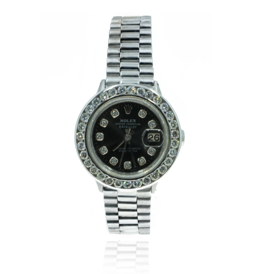 Rolex Datejust 6517 18kt White Gold President Band 2.3CTW Diamond Black Dial Womens Watch - Giorgio Conti Jewelers