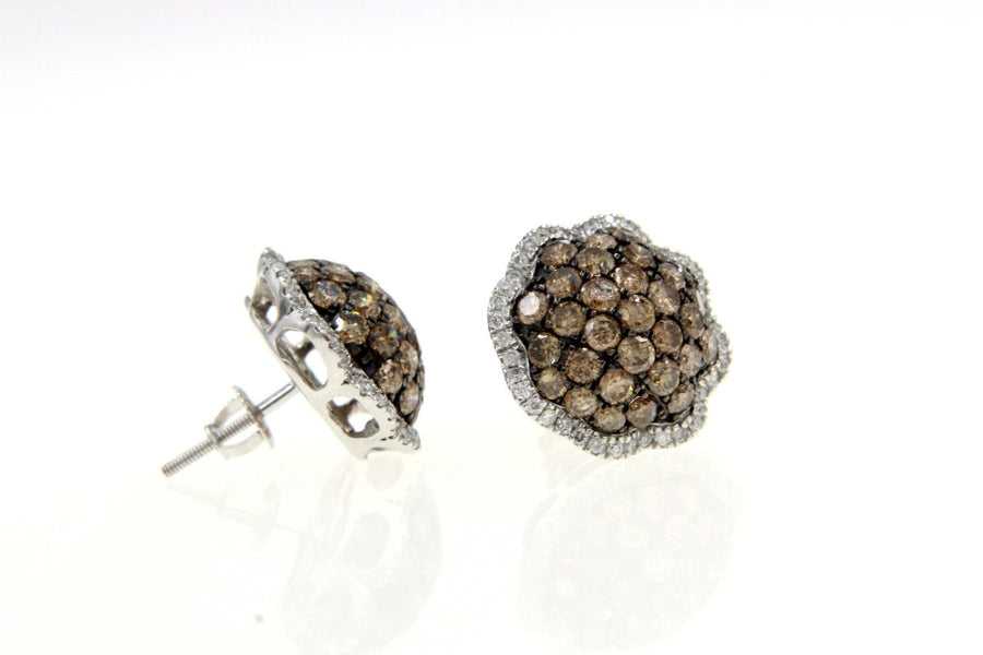 White Gold Chocolate And White Diamond Stud Cluster Earrings 3.45Ctw - Giorgio Conti Jewelers