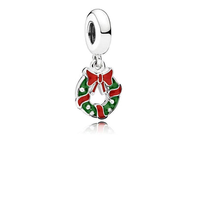 Holiday Wreath Dangle in Sterling Silver with Berry Red and Translucent Green Enamel - Giorgio Conti Jewelers