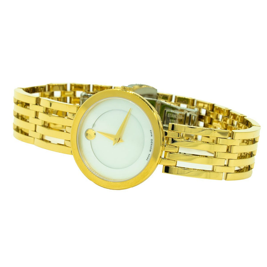 Movado Esperanza 0607054 28mm Gold Plated Stainless Steel White MOP Dial Women's Watch - Giorgio Conti Jewelers