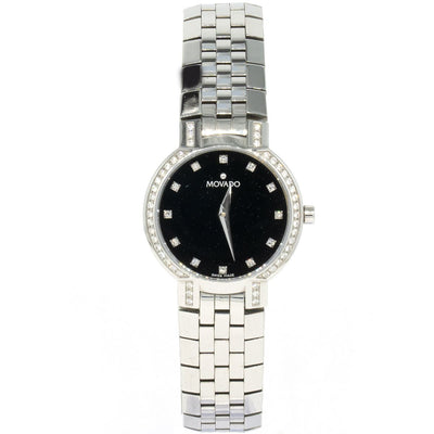 Movado Faceto 0605586 Factory Diamond 25mm Stainless Steel Black Dial Women's Watch - Giorgio Conti Jewelers