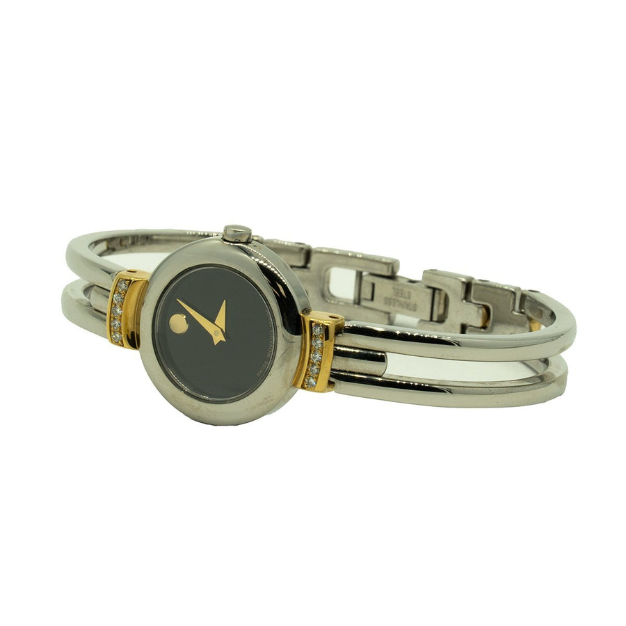 Movado Harmony 0604455 23mm Two Toned Gold Factory Diamond Black Dial Watch - Giorgio Conti Jewelers