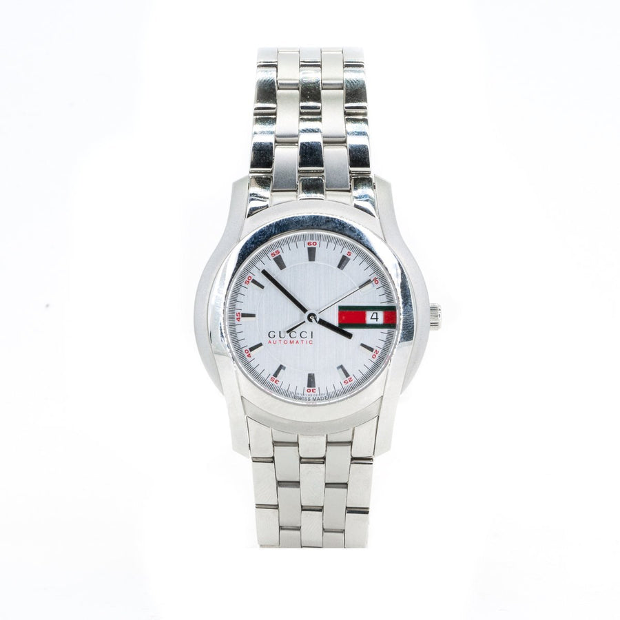 NEW Gucci Automatic YA055205 Watch Silver w/Red Accent Dial, and Date - Giorgio Conti Jewelers