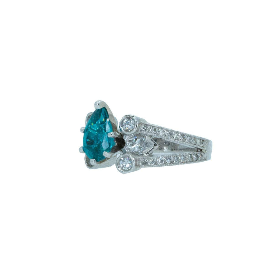 Platinum 2.65ctw Pear Cut Chatham Blue Tourmaline Paraiba Color With Round and Pear Cut Natural Diamond Ring - Giorgio Conti Jewelers