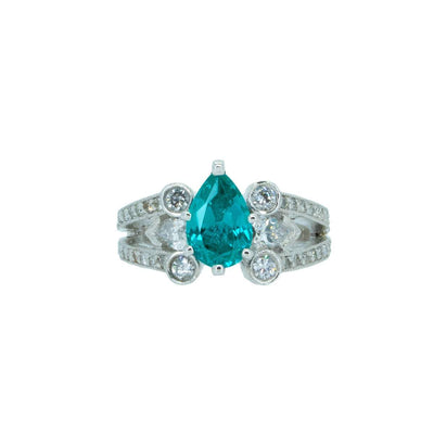 Platinum 2.65ctw Pear Cut Chatham Blue Tourmaline Paraiba Color With Round and Pear Cut Natural Diamond Ring - Giorgio Conti Jewelers