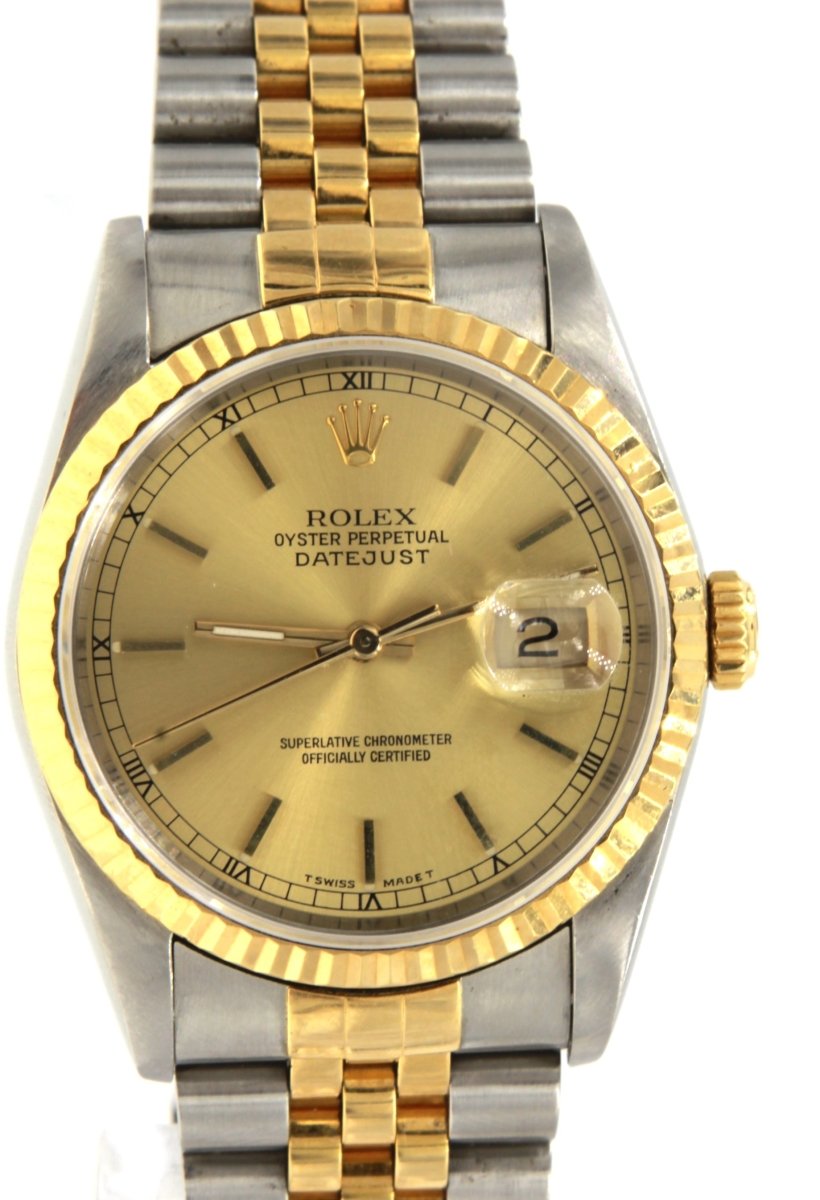 Rolex DateJust 16233 Quickset 18KT Gold Two Tone Champagne Dial 36MM Mens Watch - Giorgio Conti Jewelers