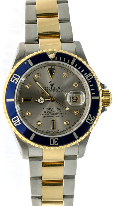 Rolex Blie Submariner 16613 Diamond Serti Dial Gold Buckle Mens Watch - Giorgio Conti Jewelers