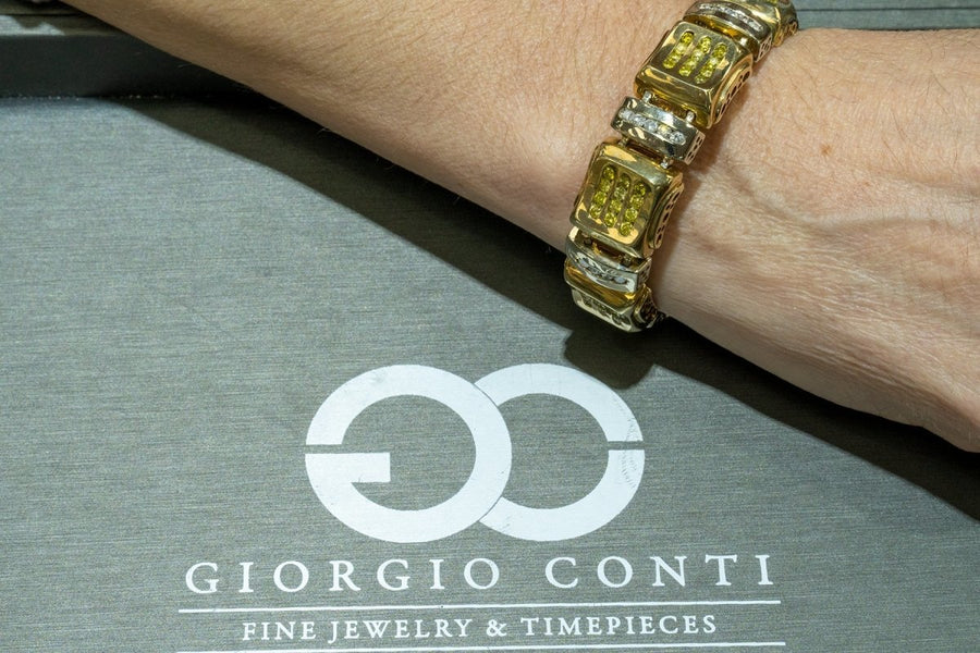 Two Tone Yellow and White Gold 7.50CTW Round Brilliant Cut Natural Canary Yellow and White Diamond Mens Bracelet - Giorgio Conti Jewelers