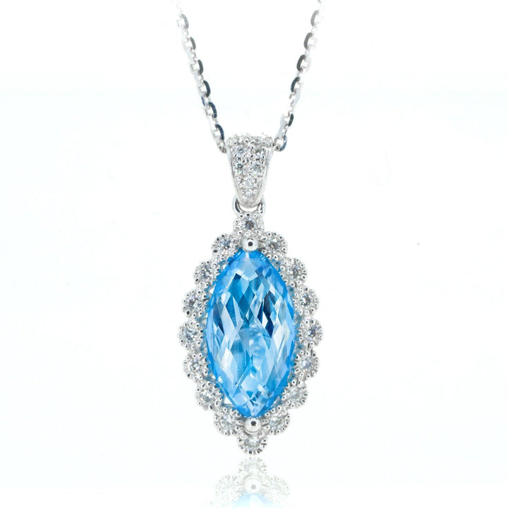 Vintage Inspired Blue Topaz Marquise White Gold 2.09ctw Milligrain Diamond Halo Solitaire Pendant - Giorgio Conti Jewelers