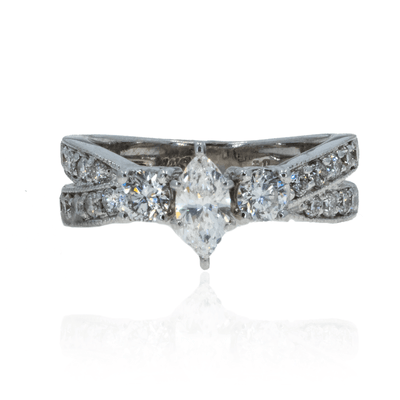 White Gold 1.03ctw Marquise and Round Diamond Ring with Vintage Inspired Miligrain Design - Giorgio Conti Jewelers