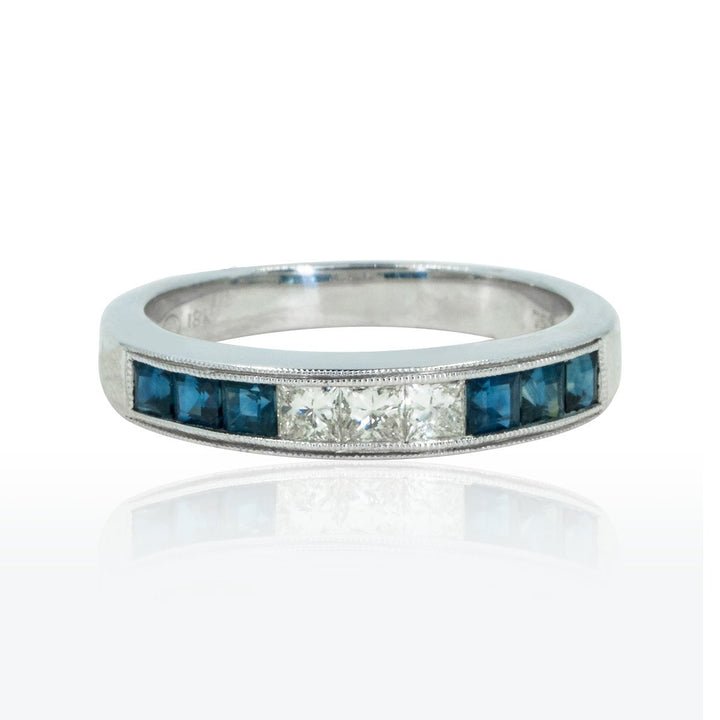 White Gold 1.11ctw NATURAL Sapphire and Diamond Gemstone Band with Miligrain Design - Giorgio Conti Jewelers