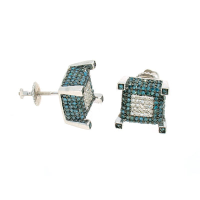White Gold 1.11ctw Round Cut Pave Set Blue and White Diamond Earrings - Giorgio Conti Jewelers