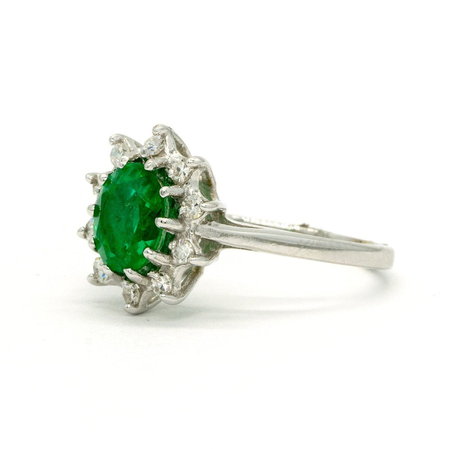White Gold 1.35CTW Oval Cut Prong Set Natural Emerald and Diamond Halo Ring - Giorgio Conti Jewelers