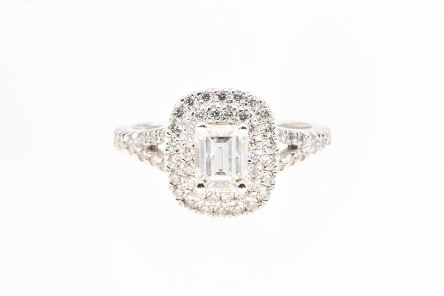 White Gold 1.65ctw Emerald Cut Prong Set Double Halo Diamond Engagement Ring - Giorgio Conti Jewelers
