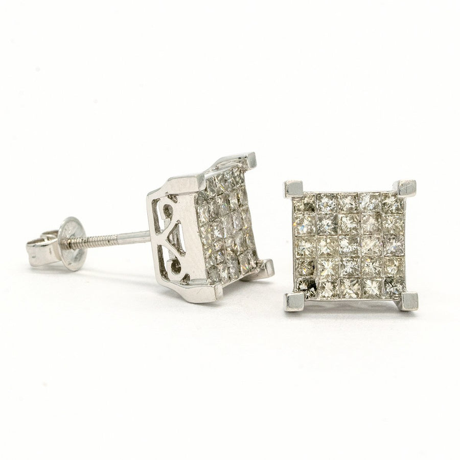 White Gold 1.79CTW Princess Cut Invisible Set Natural Diamond Stud Earrings - Giorgio Conti Jewelers
