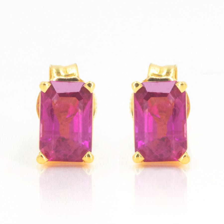 Yellow Gold 1.34ctw Natural Emerald Cut Fine Ruby Stud Earrings - Giorgio Conti Jewelers
